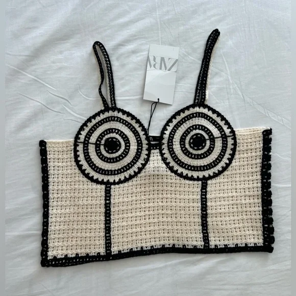 NWT BLOG FAVE Zara Crochet Cream Black Corset Crop Top Festival Coachella size S - Picture 8 of 16